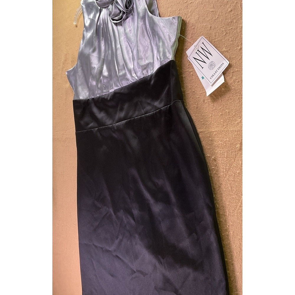 NW Collections Womens Size 16 Silver Black Satin Rosette Ruffle Cocktail Dress